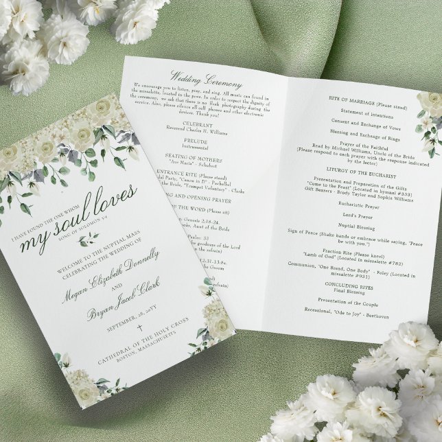 Programa de Ceremonia Boda Católica Megan (White flowers and greenery Catholic wedding program with Bible verse)