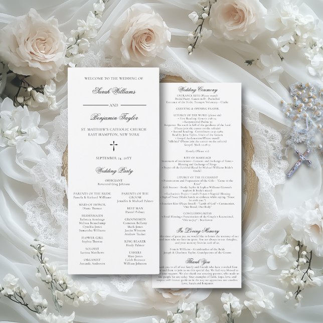 Programa de Ceremonia Boda Católica Sarah (This elegant wedding program features a classic script font and all your nuptial Mass details.)