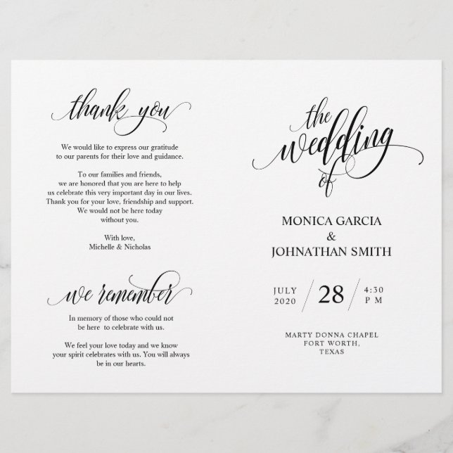 Programa de Ceremonia boda, Elegance Script Black (Anverso)
