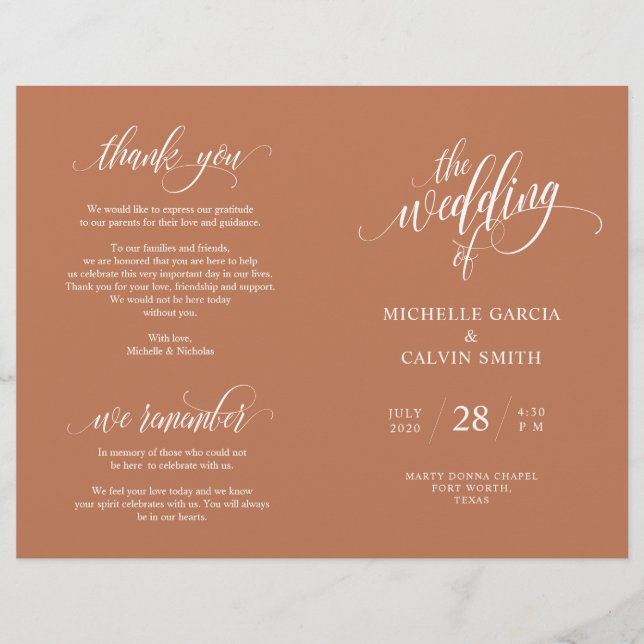 Programa de Ceremonia boda Elegancia Script Copper (Anverso)