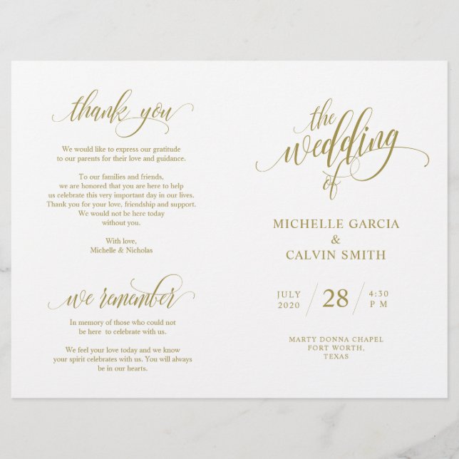 Programa de Ceremonia boda Elegancia Script GOLD (Anverso)