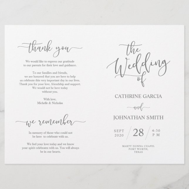 Programa de Ceremonia boda, elegante guión gris (Anverso)