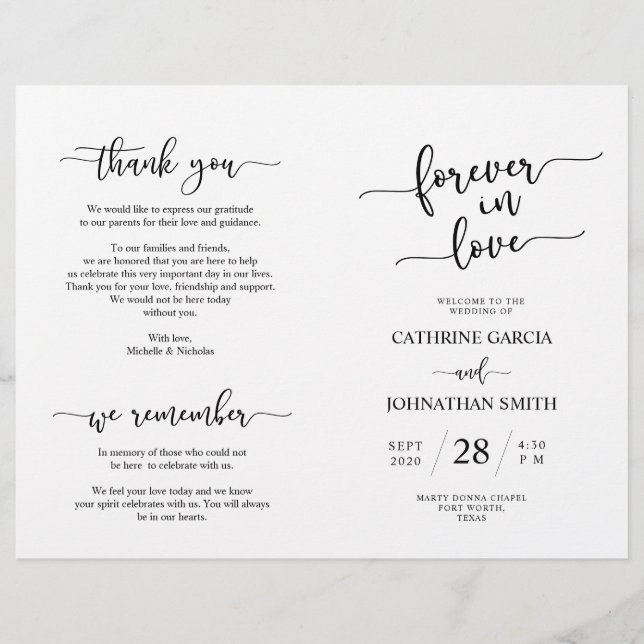 Programa de Ceremonia boda, elegante guión negro (Anverso)
