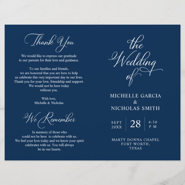 Programa de Ceremonia boda, temática azul de la Ma (Anverso)