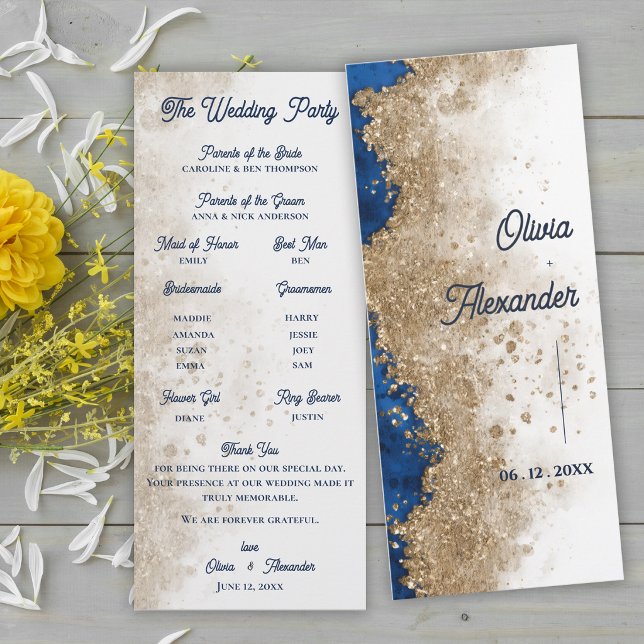 Programa de Ceremonia de Boda Abstracto Dorado Azu (Royal Blue Gold Wedding Program Card | Elegant Formal Ceremony Program)