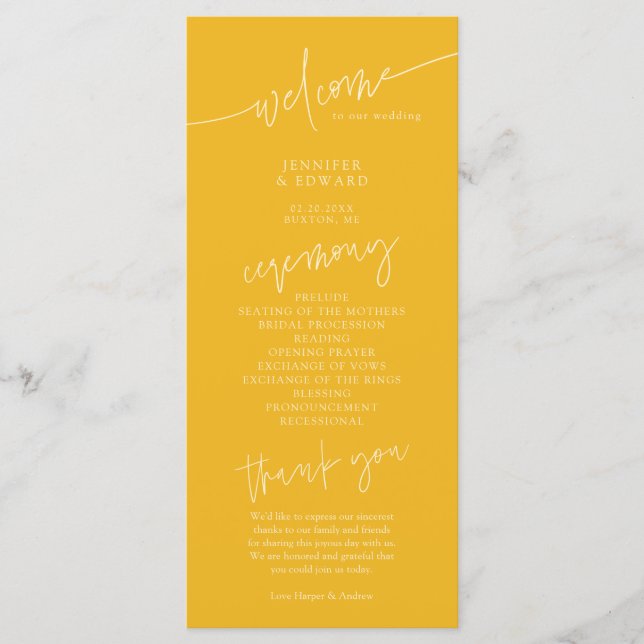 Programa de Ceremonia de Boda Amarillo Minimalista (Anverso)