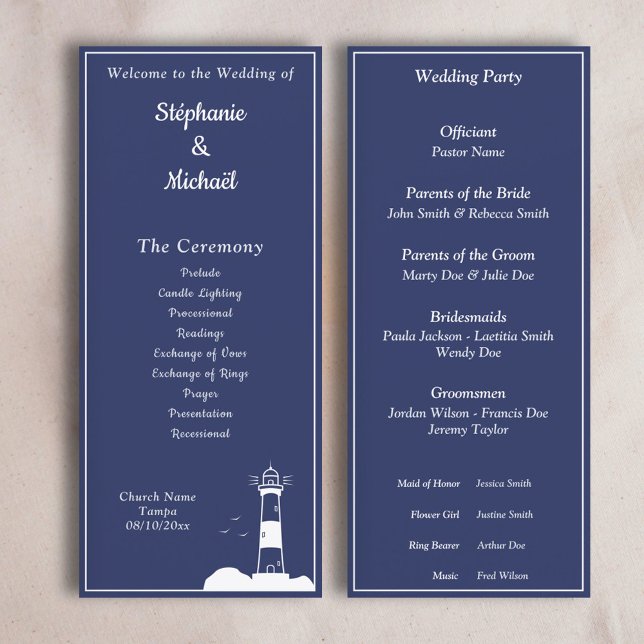 Programa de Ceremonia de Boda Azul de la Marina de (Lighthouse Navy Blue Wedding Ceremony Program)