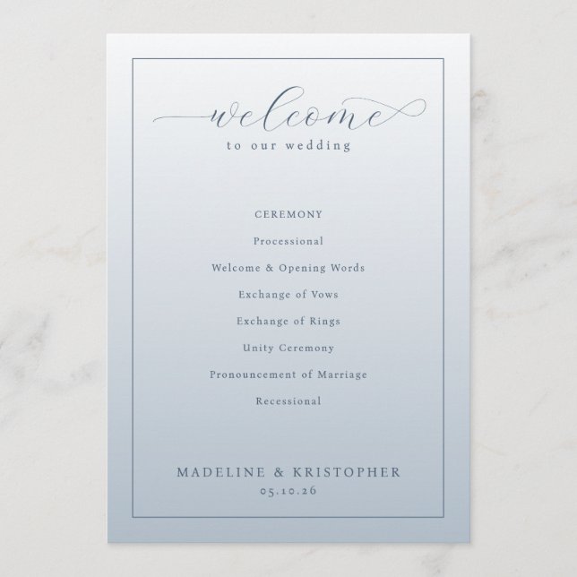 Programa de Ceremonia de Boda Azul Elegante (Anverso)