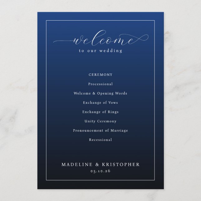 Programa de Ceremonia de Boda Azul Marino Elegante (Anverso)