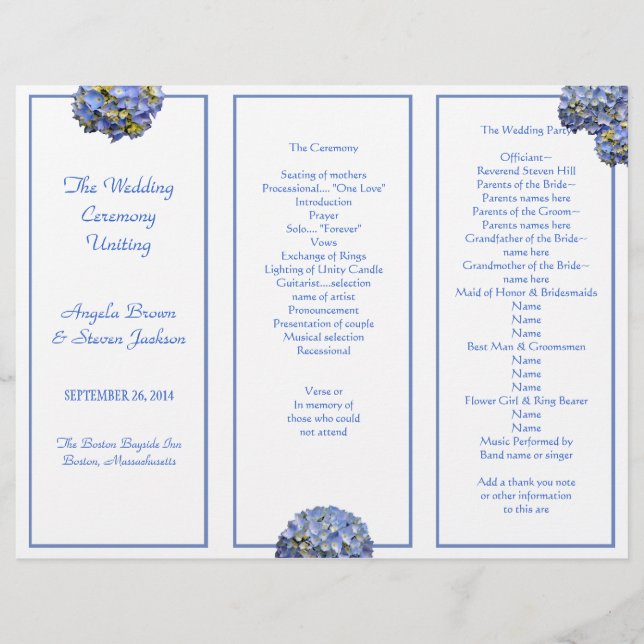 Programa de Ceremonia de Boda Azul Tri-Fold (Anverso)
