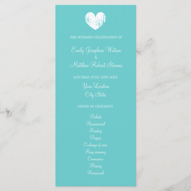 Programa de ceremonia de boda azul turquesa y blan (Anverso)