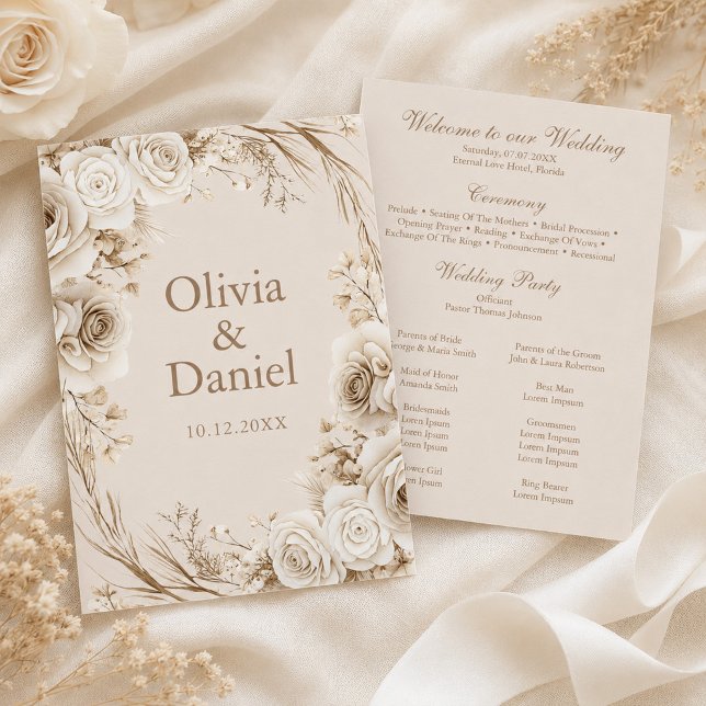 Programa de Ceremonia de Boda Beige Rosas de Marfi (Ivory Roses Beige Wedding Ceremony Program with ivory flowers)