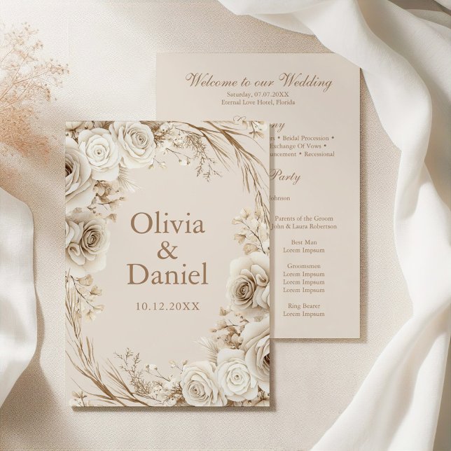 Programa de Ceremonia de Boda Beige Rosas de Marfi (Boho Beige Dried Flower and White Roses Wedding Program on an elegant silky tablecloth)