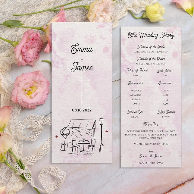 Programa de Ceremonia de Boda Boceto de Café Román (Romantic Café Sketch Wedding Ceremony Program)