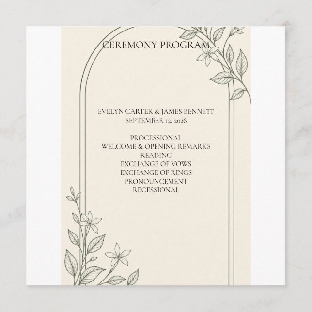 Programa de Ceremonia de Boda Botánico de Olivo Cu (Anverso)