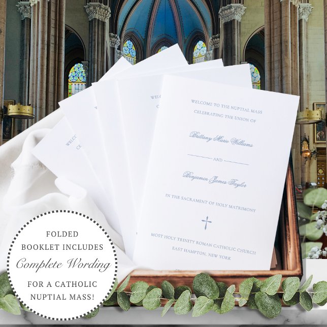 Programa de Ceremonia de Boda Católica de Misas en (Dusty blue Catholic wedding mass program with elegant calligraphy script.)