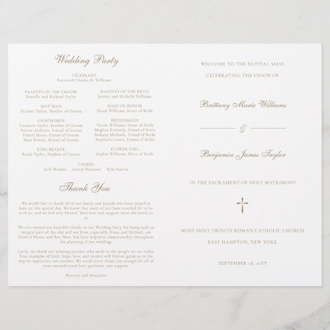 Programa de Ceremonia de Boda Católica de Oro con  (Anverso)