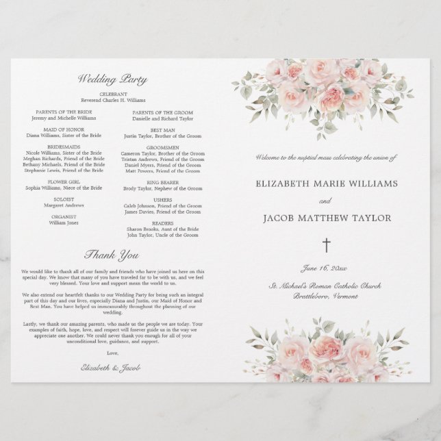 Programa de Ceremonia de Boda Católica Rosa Rubor (Anverso)