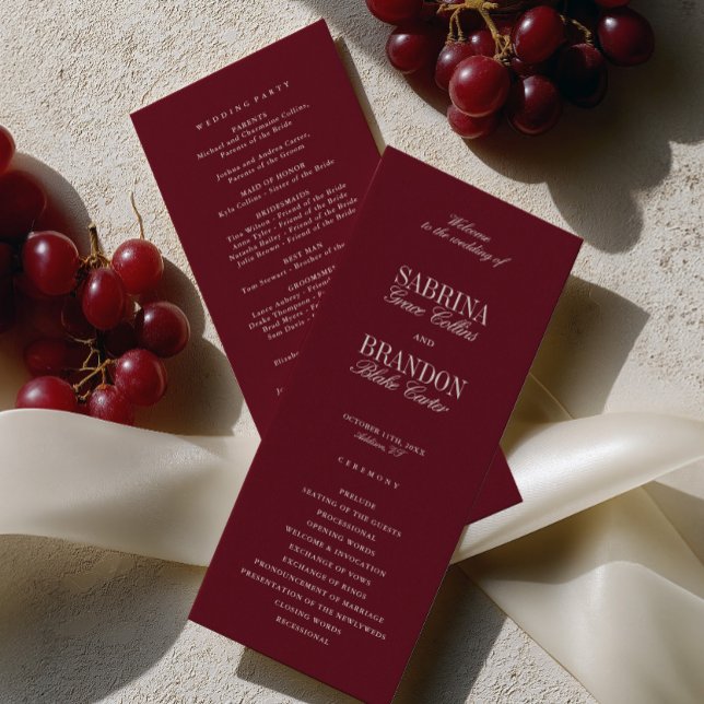 Programa de Ceremonia de Boda Clásico Moderno de B (Modern Classic Burgundy Wedding Ceremony Program)