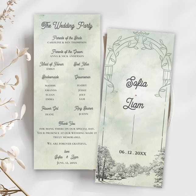 Programa de Ceremonia de Boda con Arco de Jardín V (Sage Green Garden Arch Wedding Program | Elegant Botanical Ceremony Card)