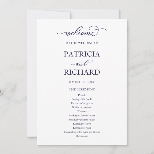 Programa de Ceremonia de Boda con Guión Azul Marin (Anverso)