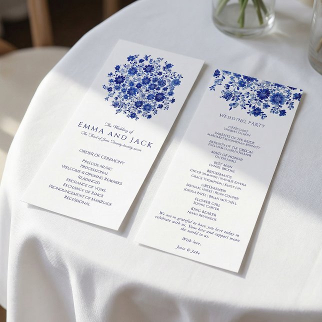 Programa de Ceremonia de Boda con Ramo Azul Acuare (Watercolor Blue Bouquet Wedding Order of Ceremony Program)