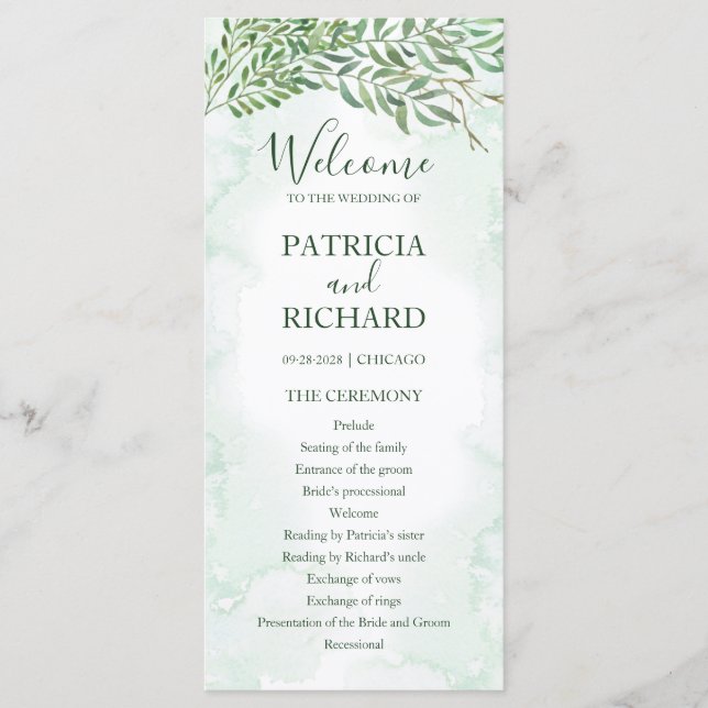 Programa de Ceremonia de Boda con Verde Follaje en (Anverso)