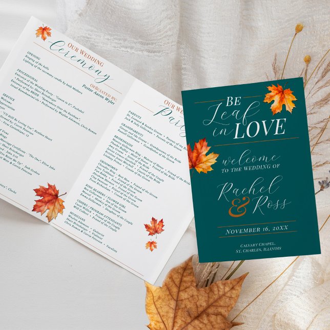 Programa de Ceremonia de Boda de Caída Verde azula (Elegant fall leaves Be Leaf In Love teal rust rachel ross folded wedding ceremony program service)