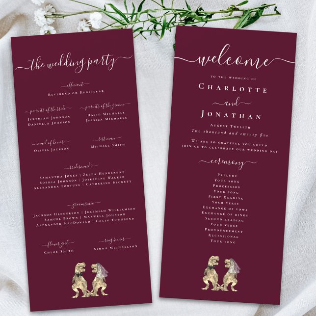 Programa de Ceremonia de Boda de Dinosaurio Burgun (Dinosaur theme wedding ceremony burgundy & cream program card Whimsical elegant modern script T-Rex )