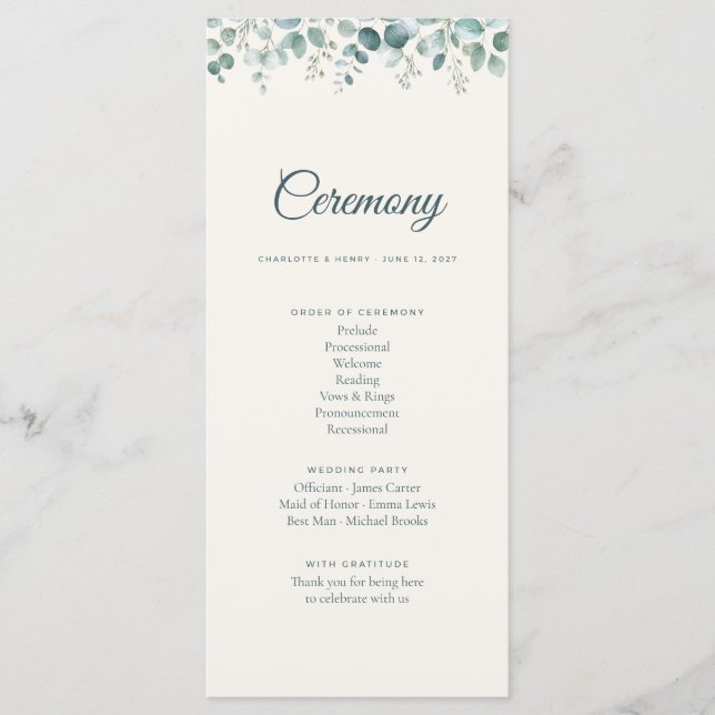 Programa de Ceremonia de Boda de Eucalipto Salvia (Anverso)