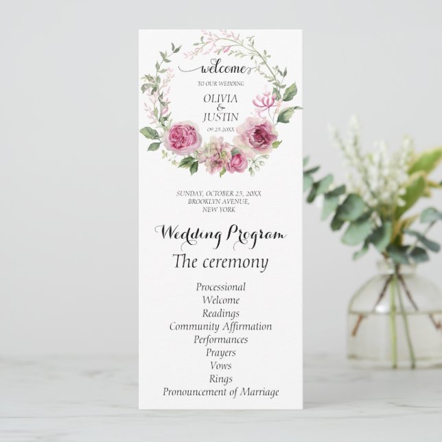 Programa de Ceremonia de Boda de Floral Rosa de Ag (Anverso de pie)