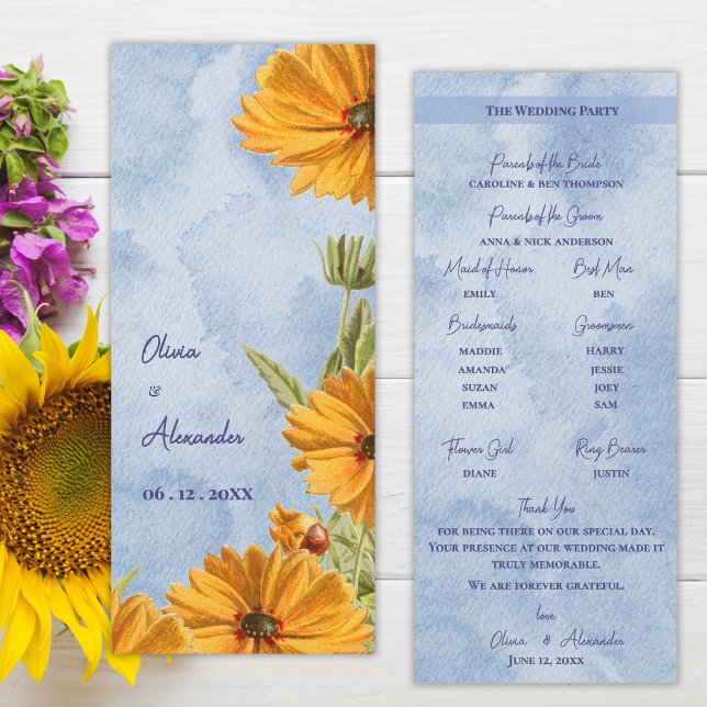 Programa de Ceremonia de Boda de Girasoles en Acua (Watercolor Sunflower Wedding Program Card Summer Countryside Ceremony Program)