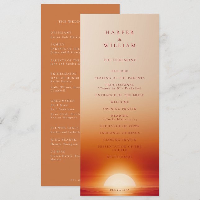 Programa de ceremonia de boda de la puesta de sol  (Anverso / Reverso)