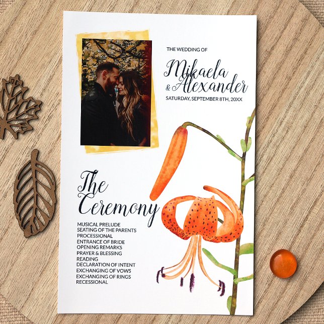 Programa de ceremonia de Boda de Tiger Lily, naran (Orange Tiger Lily Wedding Ceremony Program for a Fall Wedding)