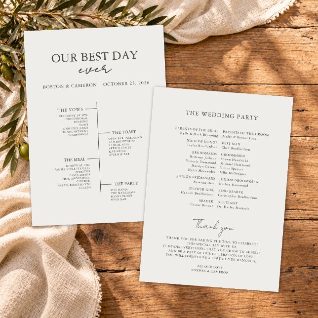 Programa de Ceremonia de Boda del Mejor Día de la  (modern minimalist best day ever wedding timeline ceremony program for elegant wedding day italy)