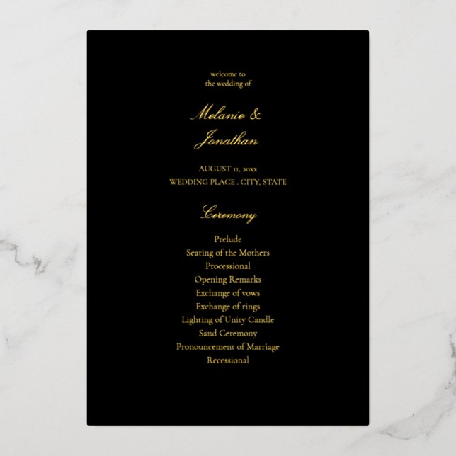 Programa de Ceremonia de Boda Elegante Negro (Anverso)