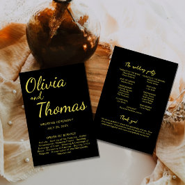 Programa de Ceremonia de Boda Elegante Negro y Dor
