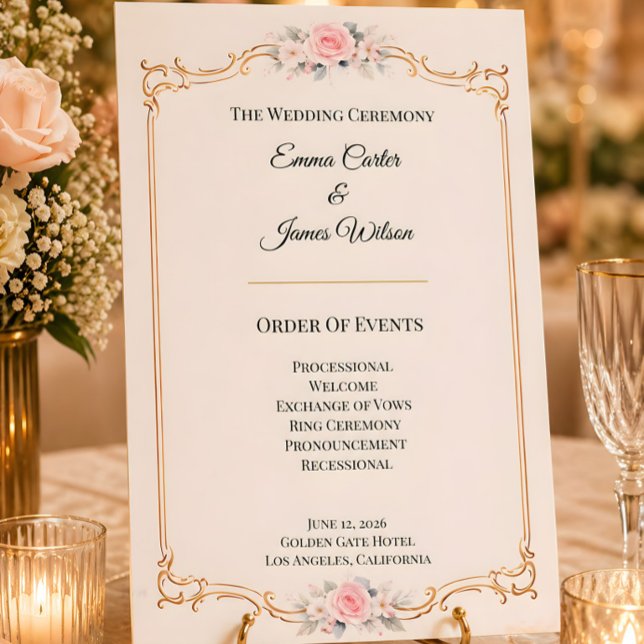 Programa de Ceremonia de Boda Elegante Rosado (Rococo themed wedding order of events card)