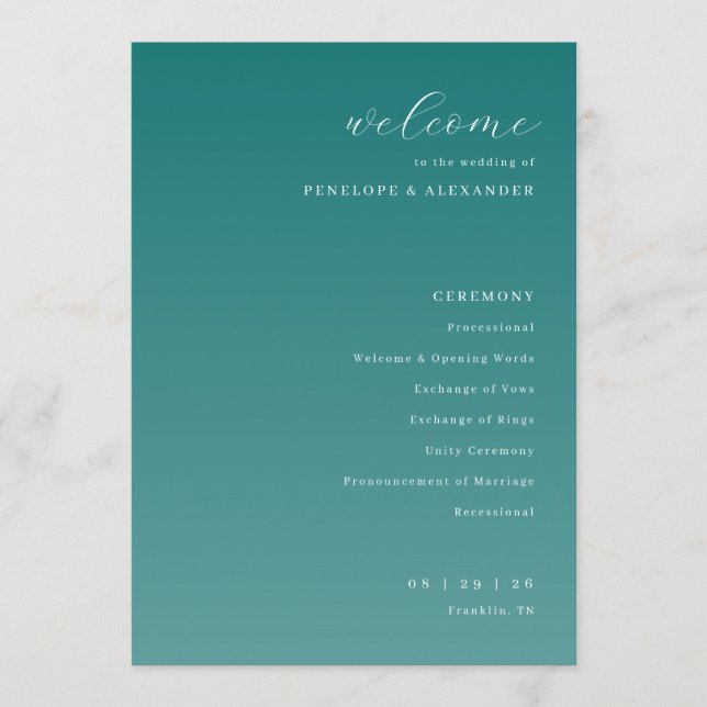 Programa de Ceremonia de Boda Elegante Turquesa (Anverso)