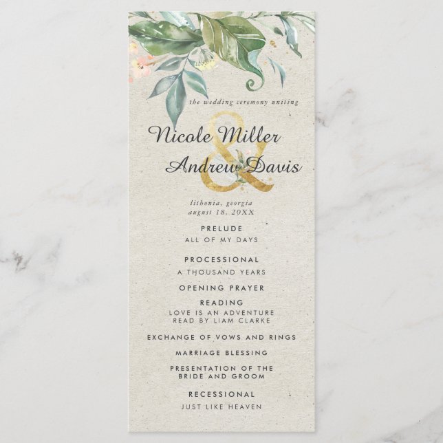 Programa de Ceremonia de Boda Elegante Verde Dorad (Anverso)
