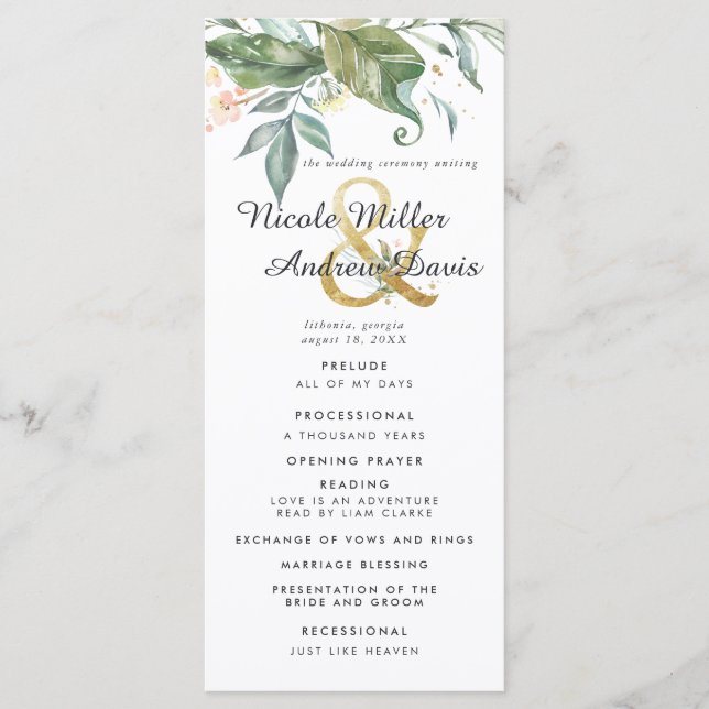 Programa de Ceremonia de Boda Elegante Verde Dorad (Anverso)