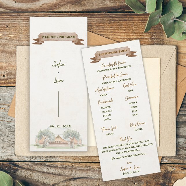 Programa de Ceremonia de Boda en Carpa Rústica al  (Boho Outdoor Tent Wedding Program Card | Rustic Watercolor Camp Ceremony Order of Events Card)