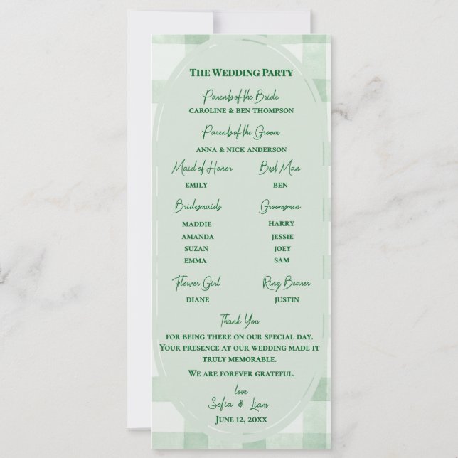Programa de Ceremonia de Boda en Gingham Verde Sal (Reverso)
