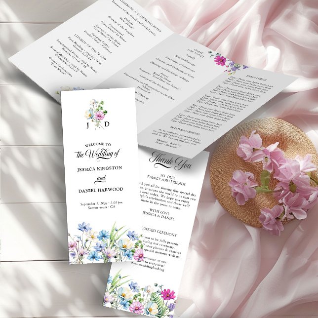 Programa de Ceremonia de Boda en Jardín de Flores  (Trifold wedding program from the Wildflower Garden Wedding Collection by Darling & May)