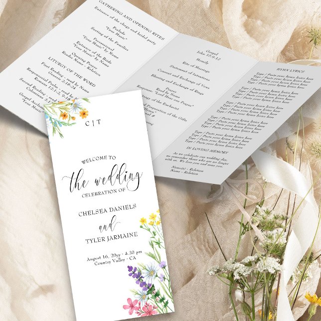 Programa de Ceremonia de Boda en Prado de Flores S (Church Wedding Ceremony Program from the Wildflower Meadow Wedding Collection by Darling & May)