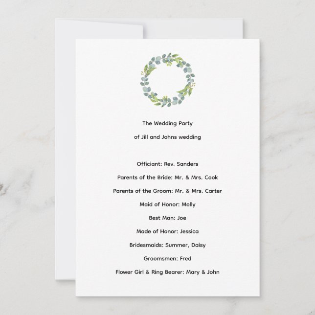 Programa de Ceremonia de Boda Eucalipto Botánico  (Anverso)