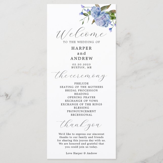 Programa de Ceremonia de Boda Floral Azul (Anverso)