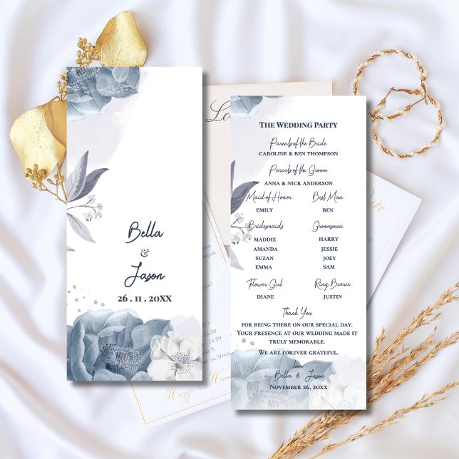 Programa de Ceremonia de Boda Floral Azul Polvorie (Dusty Blue Romantic Floral Wedding Program | Elegant Ceremony Program Card )