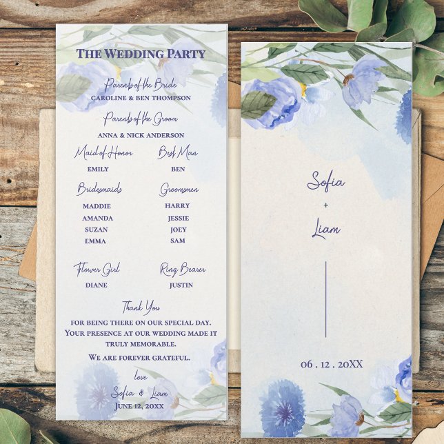 Programa de Ceremonia de Boda Floral Azul Polvorie (Dusty Blue Watercolor Floral Wedding Program Card | Elegant Blue Botanical Ceremony Order of Events )