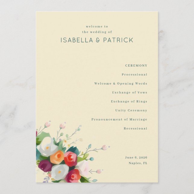 Programa de Ceremonia de Boda Floral Beige Elegant (Anverso)